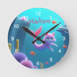 Cute Pink Mermaid Kitten Round Clock