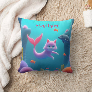 Cute Pink Mermaid Kitten Throw Pillow