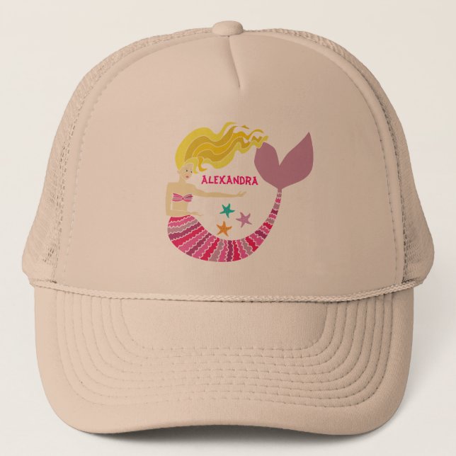 Cute Pink Mermaid Under The Sea Name Trucker Hat (Front)