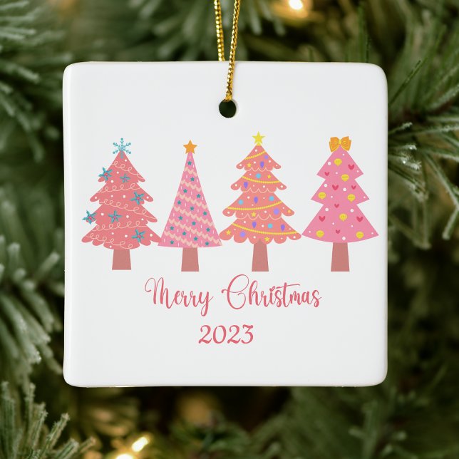 Cute Pink Merry Christmas Tree Ceramic Ornament (Creator Uploaded)