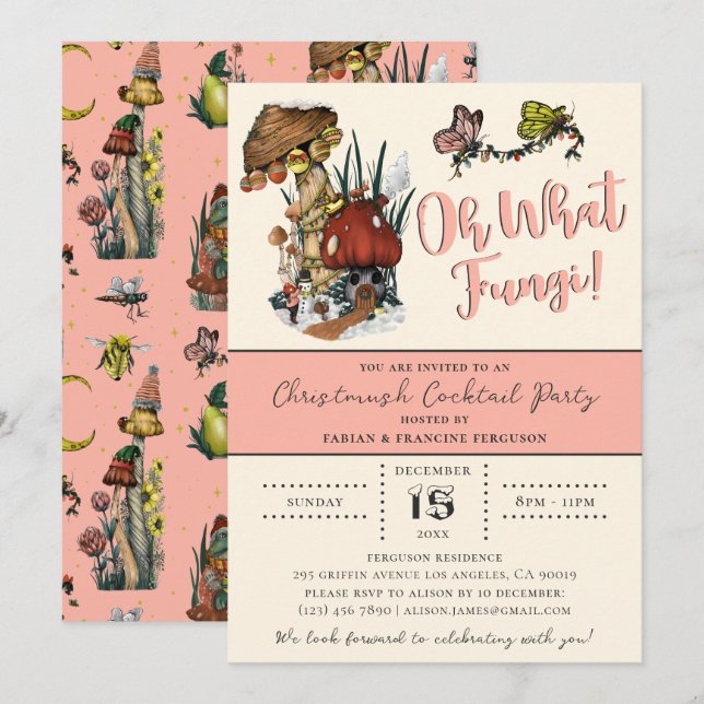 Cute Pink Merry Mushrooom Christmas Holiday Party  Invitation (Front/Back)