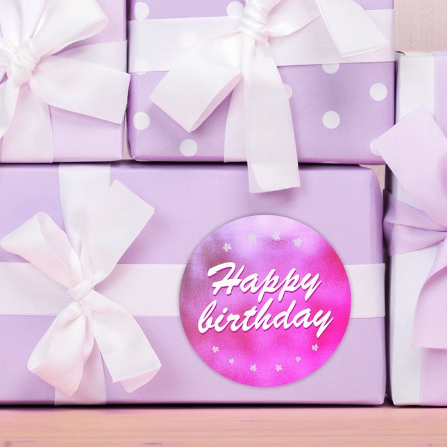 Cute Pink Metallic Star Girly Happy Birthday Classic Round Sticker (Creator Uploaded)