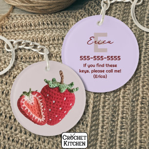 Cute Pink Minimal Granny Chic Crochet Strawberry Keychain