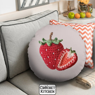 Cute Pink Minimal Granny Chic Crochet Strawberry Round Pillow