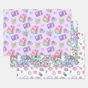 Cute Pink Mint Back to School Flowers Backpacks Wrapping Paper Sheet