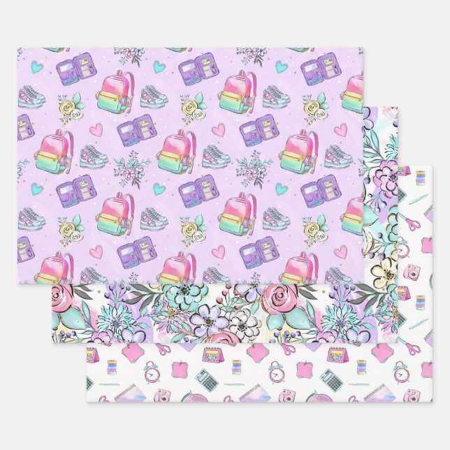 Cute Pink Mint Back to School Flowers Backpacks Wrapping Paper Sheet (Set)