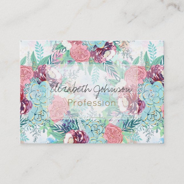 Cute Pink Mint Peony & Succulent Floral Hand Paint Business Card (Front)