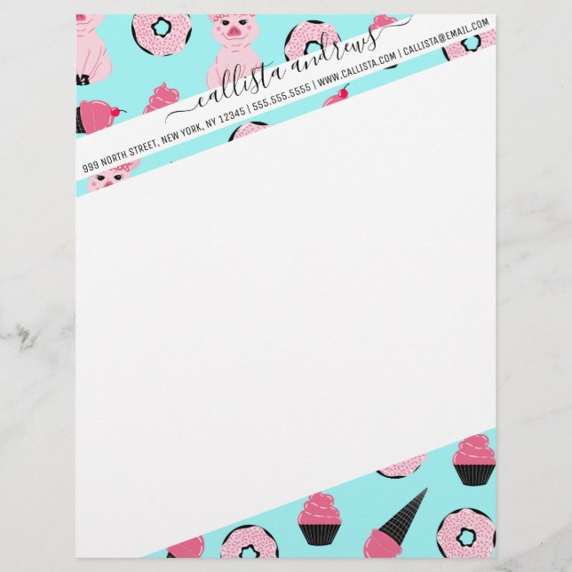 Cute Pink Mint Piggy Doughnut Ice Cream Cone Patte Letterhead (Front)