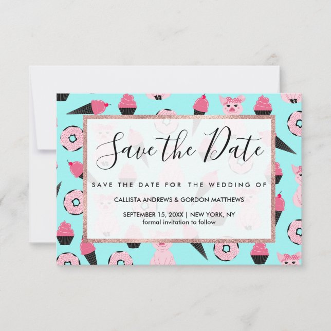 Cute Pink Mint Piggy Doughnut Ice Cream Cone Patte Save The Date (Front)