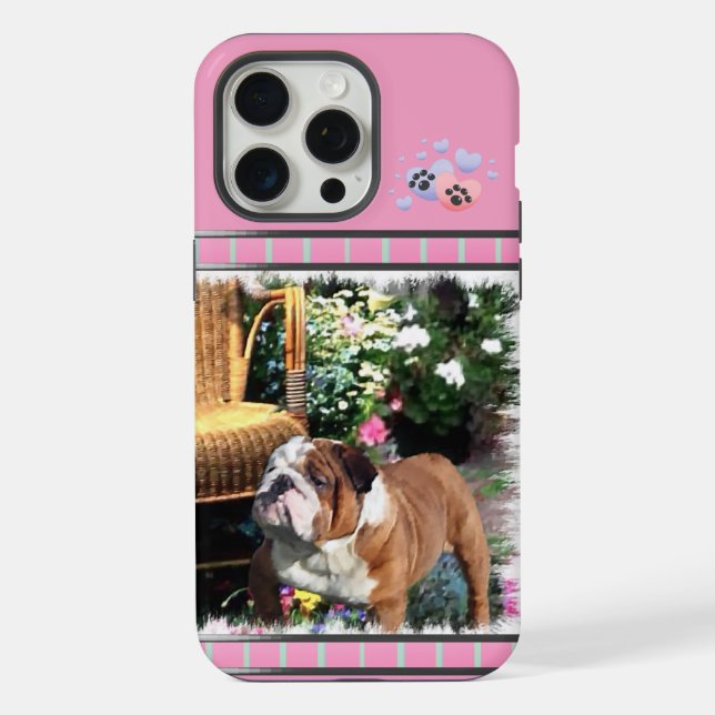 Cute Pink Modern English Bulldog Dog Art iPhone Case (Back)