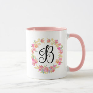 Cute Pink Monogram (B) Flower Wreath Mug