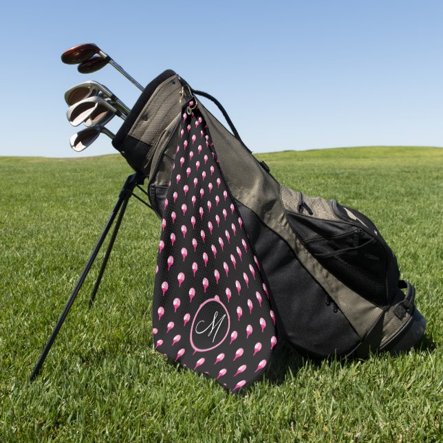  Cute Pink Monogram Golf Ball on Tee  Black Towel (Green)