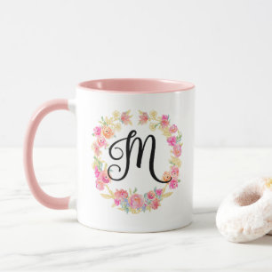 Cute Pink Monogram (M) Flower Wreath Mug