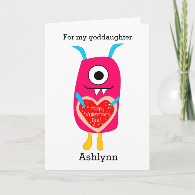 Cute Pink Monster Valentine Goddaughter Holiday Card (Front)