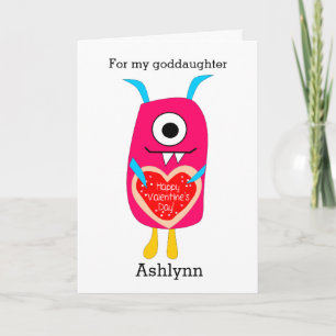 Cute Pink Monster Valentine Goddaughter Holiday Card