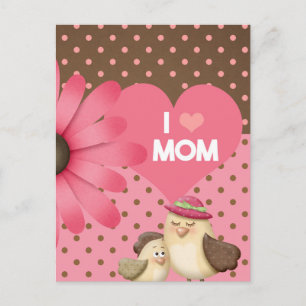 Cute Pink Mother & Kid Birdie Floral Mother's Day Holiday Postcard