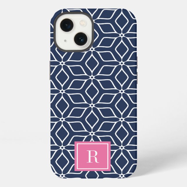 Cute Pink & Navy Geometric Pattern Monogram iPhone Case (Back)