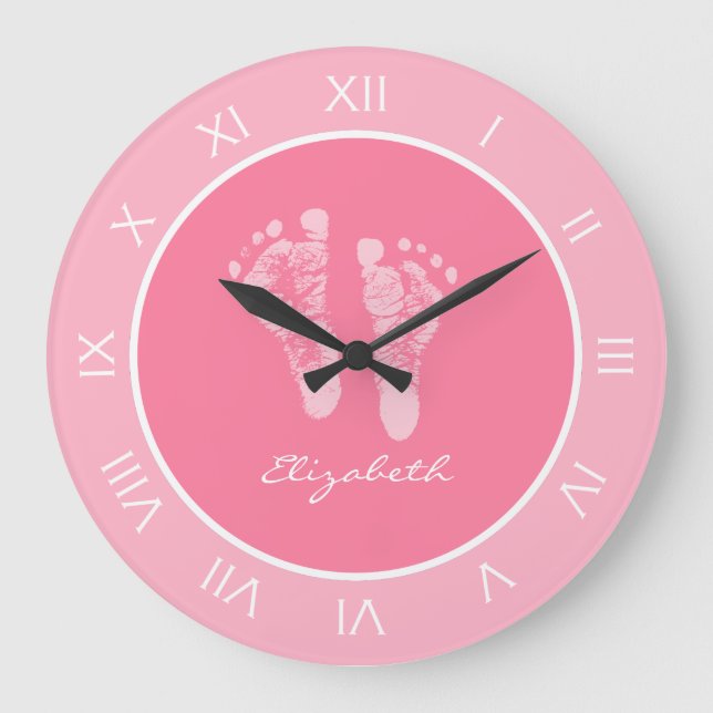 Cute Pink Nursery Footprints With Baby Girl Name Large Clock (Front)