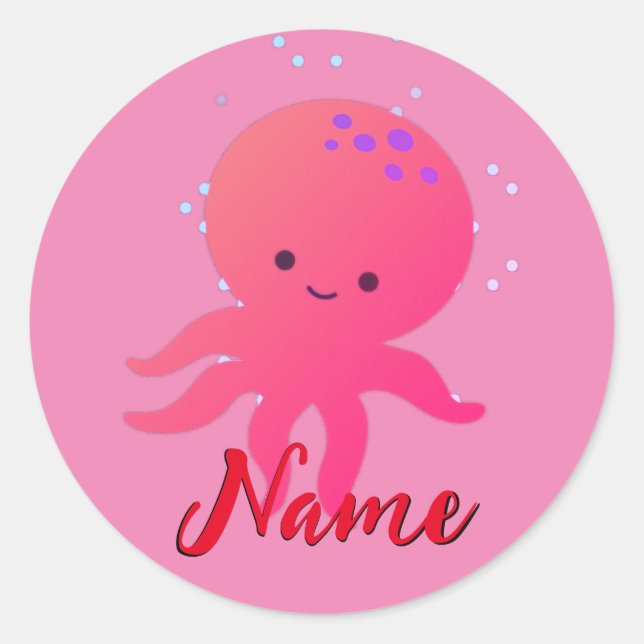 Cute Pink Octopus Cartoon Add Name Classic Round Sticker (Front)