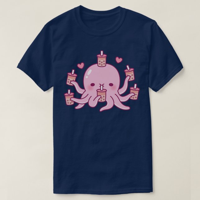 Cute Pink Octopus Loves Bubble Tea T-Shirt (Design Front)