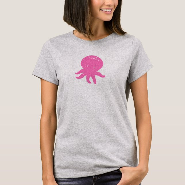 Cute Pink Octopus Old Print T-Shirt (Front)