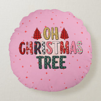 Cute pink OH Christmas tree custom family photo Round Pillow