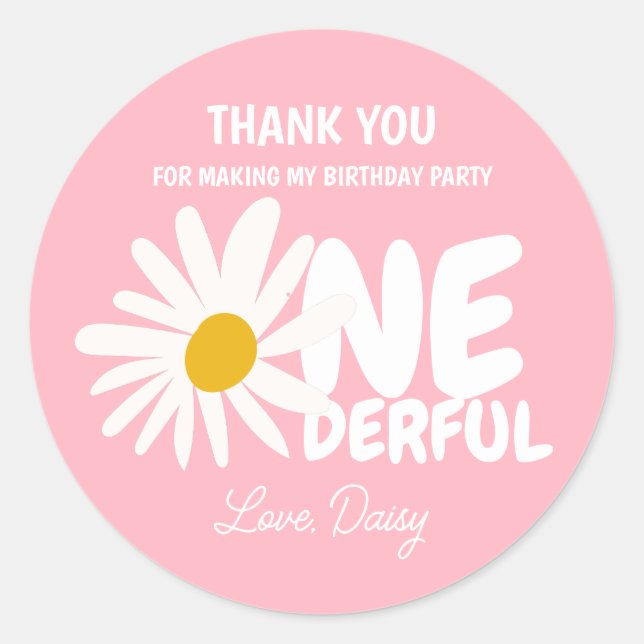Cute Pink ONEderful Daisy Thank You Birthday Classic Round Sticker (Front)