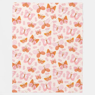 Cute Pink Orange Boho Butterfly Pattern Fleece Blanket