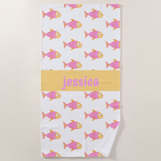 Cute pink & orange fish, personalized beach towel (Front)