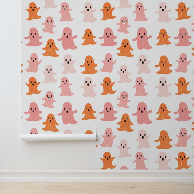 Cute Pink Orange Ghosts Nursery Kids Room Decor Wallpaper (Application)
