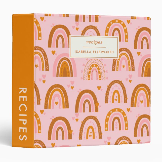 Cute Pink Orange Rainbow Hearts Custom Name Recipe Binder (Front/Spine)