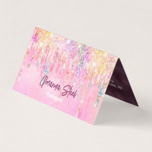 Cute Pink orange Unicorn Glitter Drips monogram Business Card