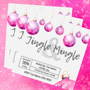 Cute Pink Ornaments Christmas Jingle and Mingle Invitation