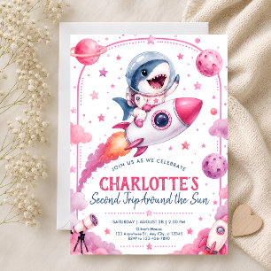 Cute Pink Outer Space 2nd Birthday Party Invitation