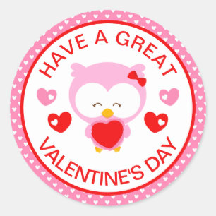 Cute Pink Owl and Hearts Valentine's Day Classic Round Sticker