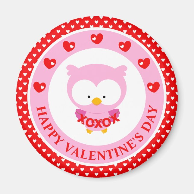 Cute Pink Owl and Hearts Valentine's Day Magnet (Front)