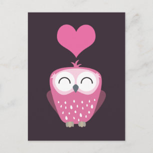 Cute Pink Owl and Love Heart Postcards