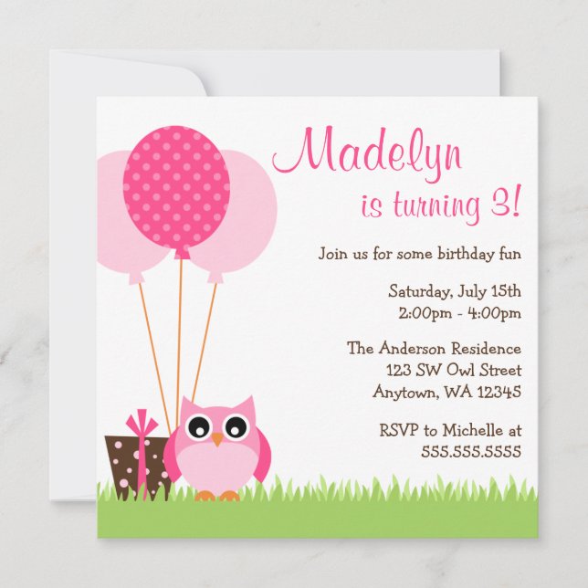 Cute Pink Owl Balloons Birthday Invitations (Front)