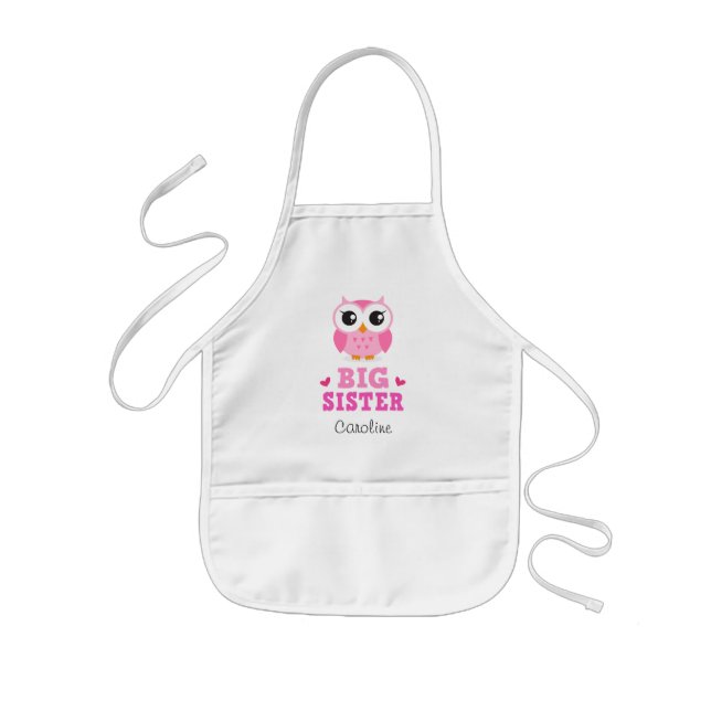 Cute pink owl, big sister personalized name kids apron (Front)
