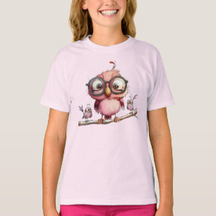 Cute Pink Owl & Birds Friends T-Shirt