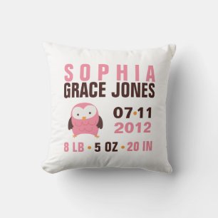 Cute Pink Owl Birth Announcement Throw Pillow