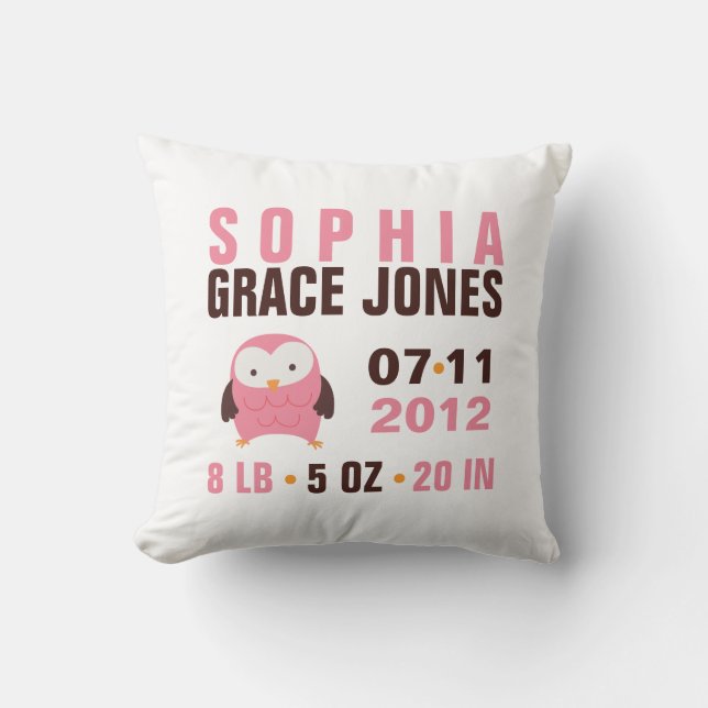 Cute Pink Owl Birth Announcement Throw Pillow (Front)