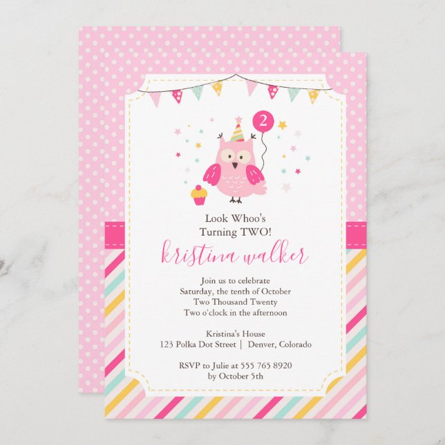 Cute Pink Owl Birthday Party Invitation (Front/Back)