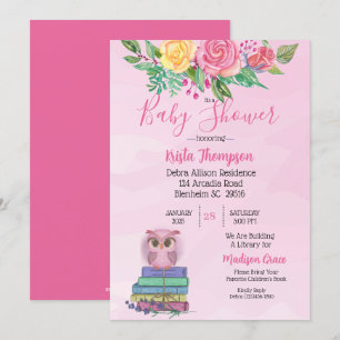 Cute Pink Owl Bring A Book Baby Shower     Invitation