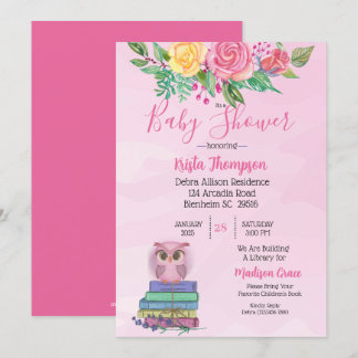 Cute Pink Owl Bring A Book Baby Shower     Invitation