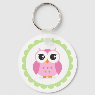 Cute pink owl cartoon inside green border keychain