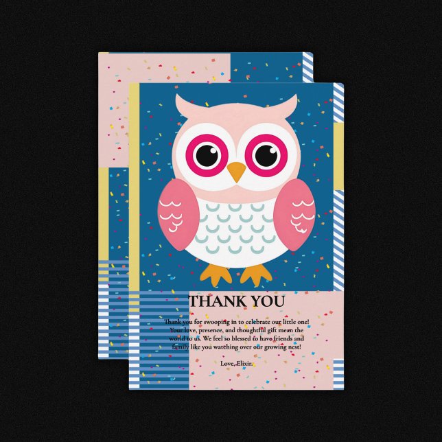 Cute Pink Owl Gender Neutral Woodland Baby Shower Thank You Card (Creator Uploaded)