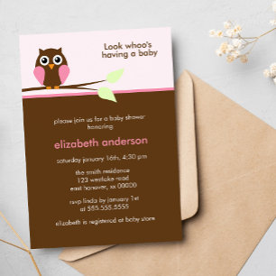 Cute Pink Owl Girl Baby Shower Invitation