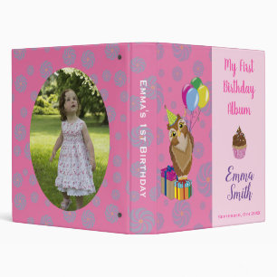 Cute Pink Owl Girly 1st birthday Photo Album Binder