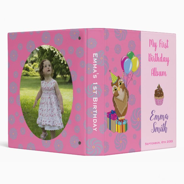Cute Pink Owl Girly 1st birthday Photo Album Binder (Background)